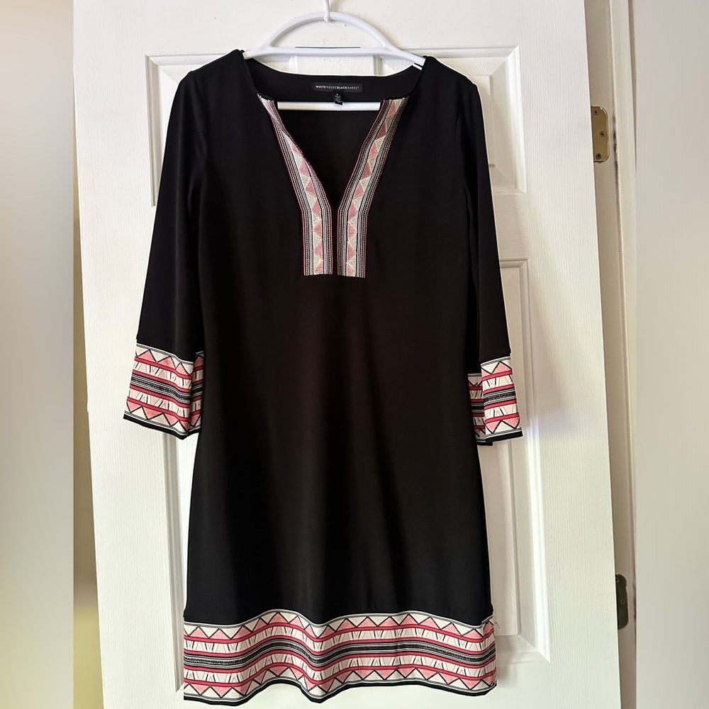 White House Black Market black shift dress with pink, and white geometric print - Picture 2 of 7